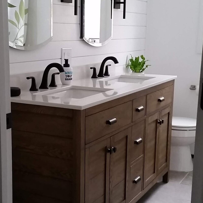 After - Dual vanity w/vanity lights, plenty of storage and clean aesthetic.  